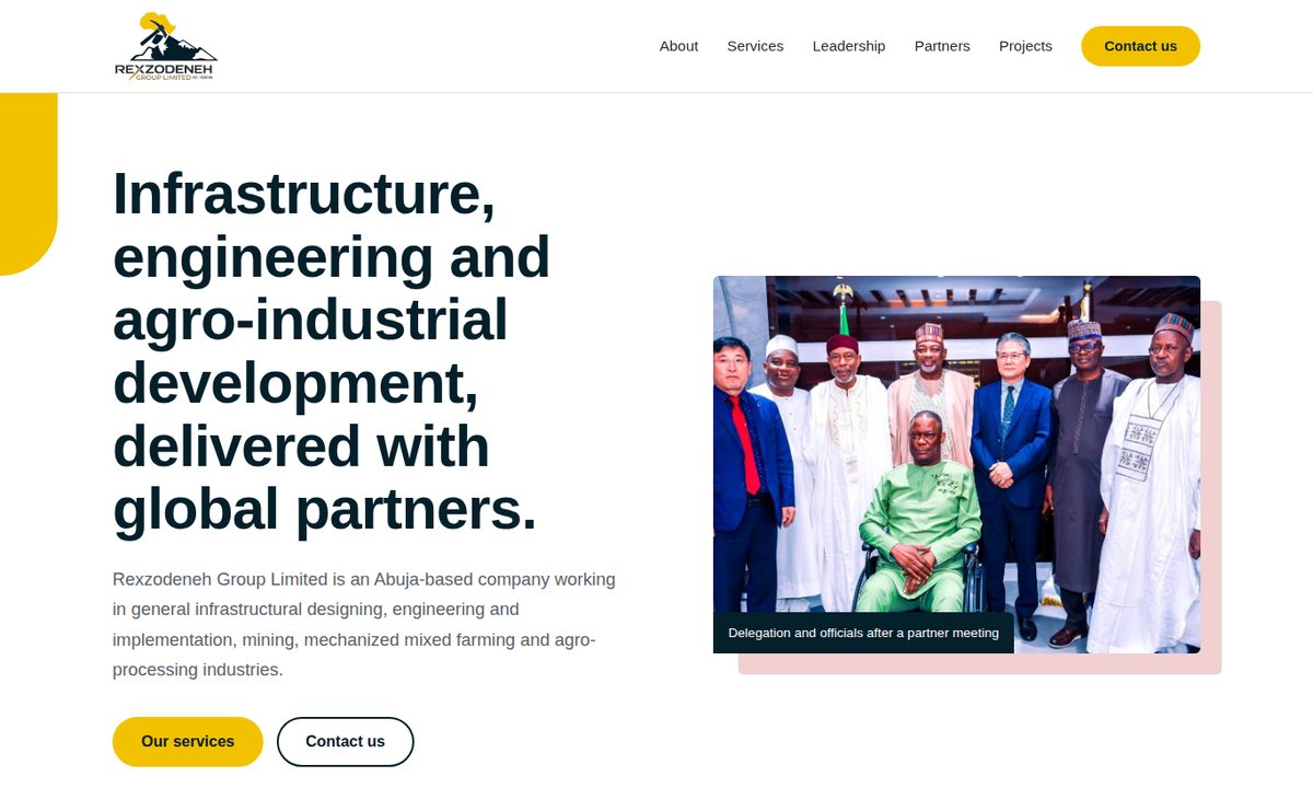 Screenshot of the rebuilt Rexzodeneh Group Limited home page showing the company profile hero and facts strip